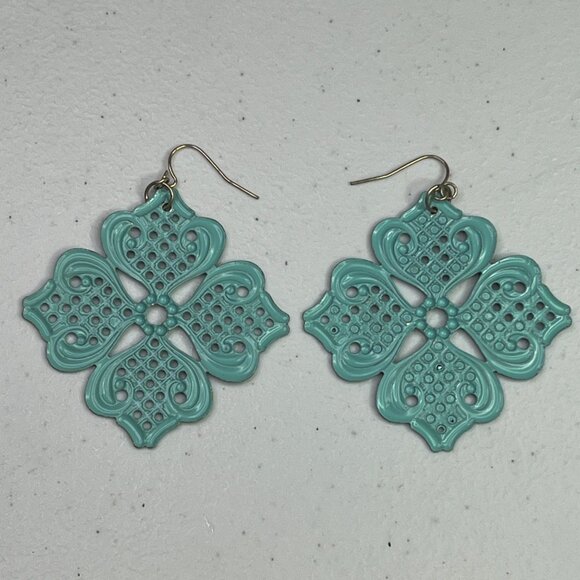 Ornate Filigree Mint Green Floral Earrings With Gold-Tone Accents For Women - Picture 8 of 8